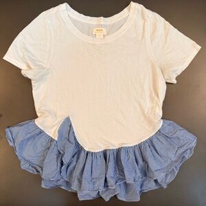 Anthropologie Maeve White and Blue Ruffle Tee - Size Medium